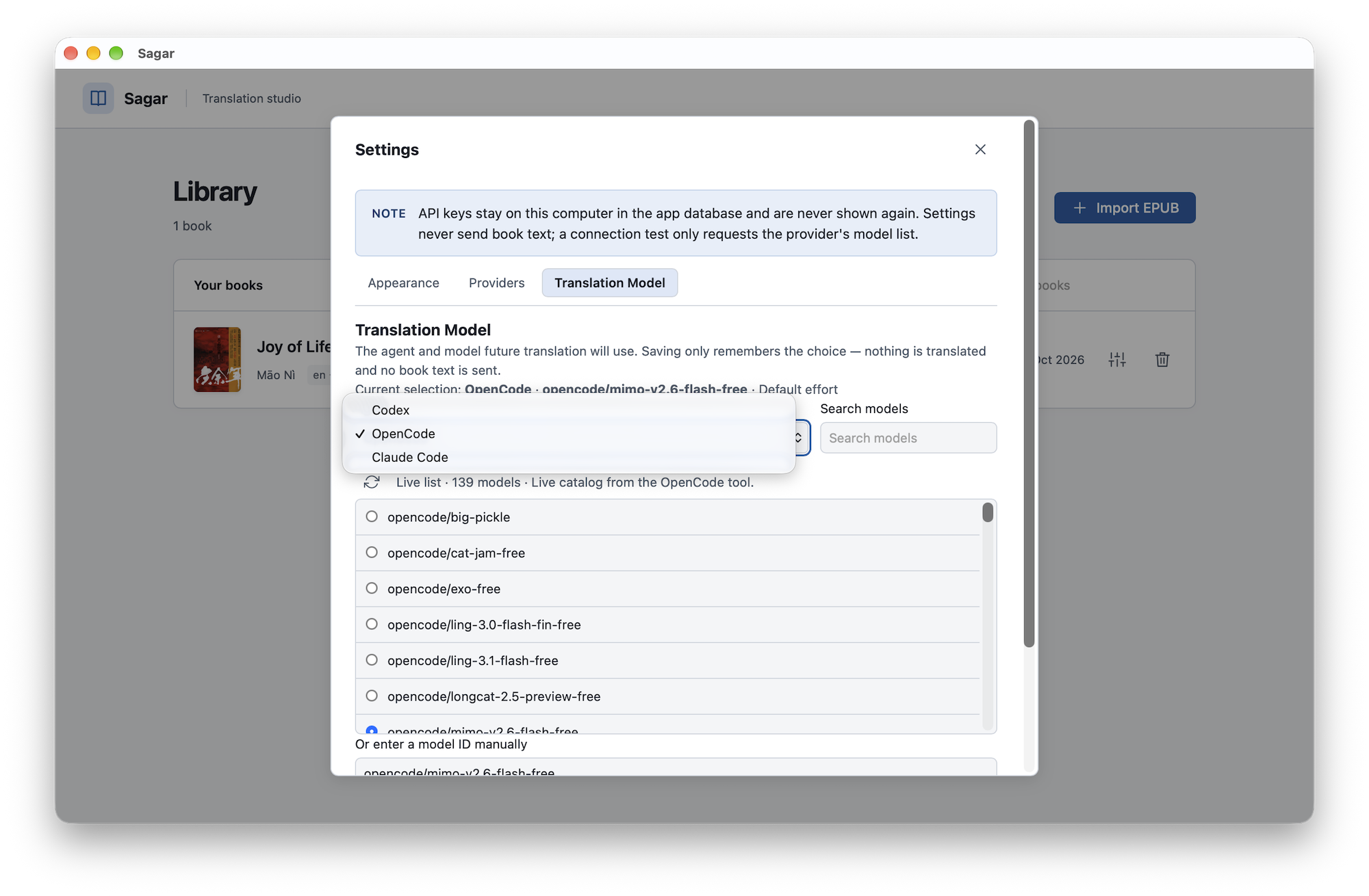 Translation Model settings with Codex, OpenCode, and Claude Code choices